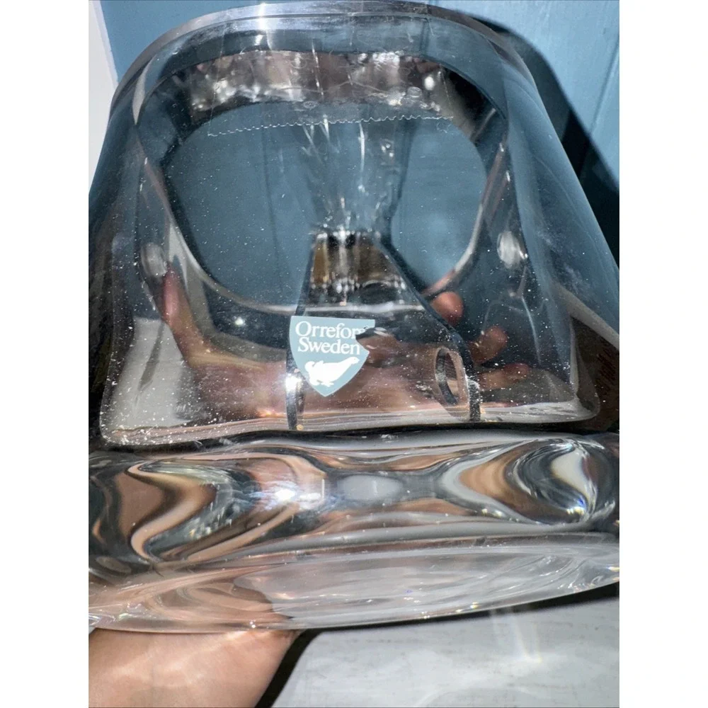 Orrefors Sweden Lead Crystal Ice Bucket Original Sticker Vtg 70s Tongs Drain Set